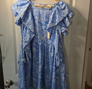 Pinch Blue and White Floral Ruffle Dress